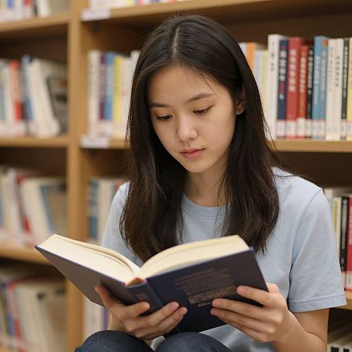 Photograph of an Asian woman with long black hair, wearing a light blue t-shirt, sitting in a library, reading a book. Shelves filled