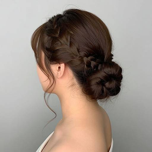 Photograph of an Asian woman with fair skin, dark brown braided bun hairstyle, side profile, white top, against a light gray background.