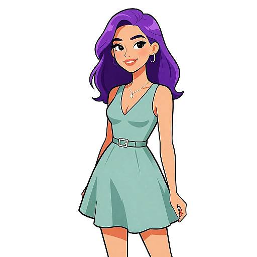 Digital cartoon of a smiling woman with purple hair, wearing a light green, sleeveless, V-neck dress with a belt, against a white background.