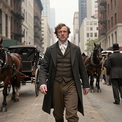 Photograph of a serious, disheveled white man in 19th-century brown suit and black overcoat walking down a busy city street with horse