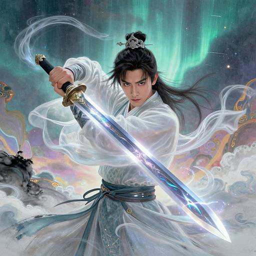 Digital artwork of a fierce Asian warrior with long black hair, wearing a white kimono, wielding a glowing sword against a mystical, aurora-lit