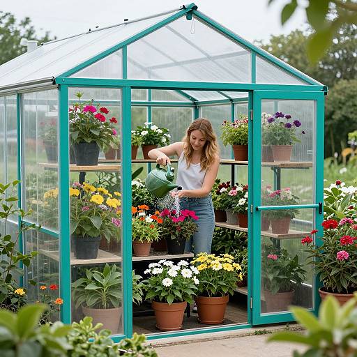 Woman Watering Flowers in Greenhouse
