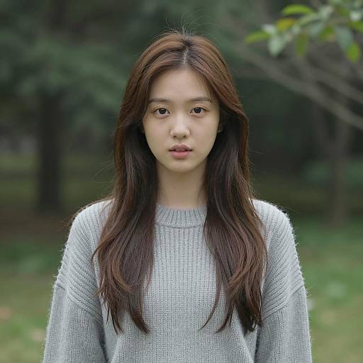Young woman in gray sweater outdoors