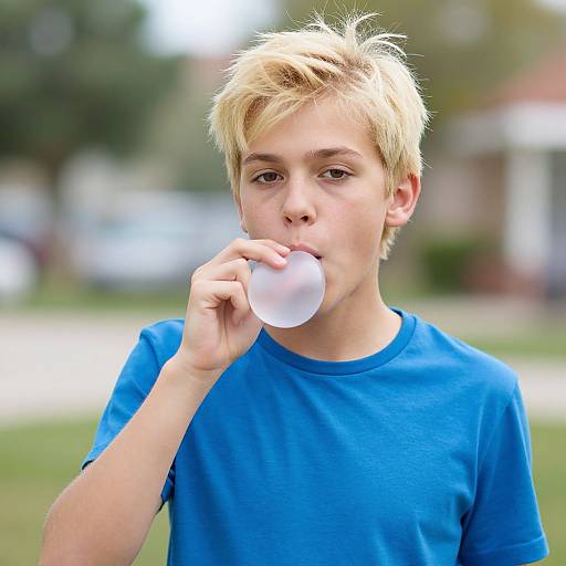Photograph of a young blonde boy with light skin, wearing a blue t-shirt, blowing a white bubble gum bubble outdoors.