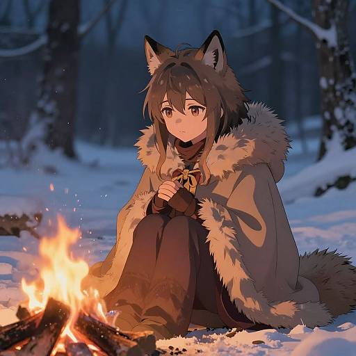 Anime-style drawing of a girl with wolf ears and a fur-trimmed cloak, sitting by a campfire in a snowy forest at night.
