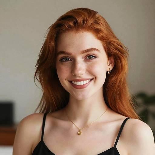 Photograph of a smiling young woman with long red hair, fair skin, wearing a black spaghetti-strap top and gold necklace, against a blurred indoor