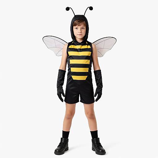 Photograph of a young boy in a black and yellow bee costume with antennae, wings, gloves, and boots, standing against a white background.