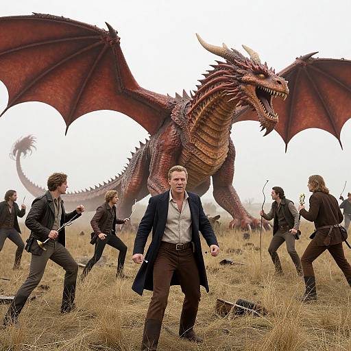 Photograph of a group of men in suits standing in a dry field, facing a large, red, roaring dragon with outstretched wings.