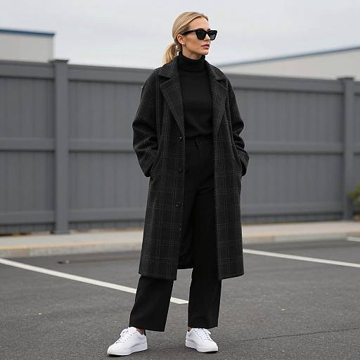 Stylish Woman in Black Coat and White Sneakers