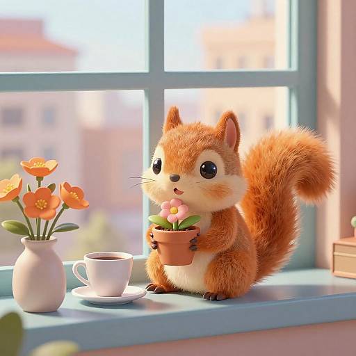 Charming Squirrel on Windowsill Scene