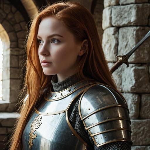 Young Woman in Medieval Armor in Stone Tower