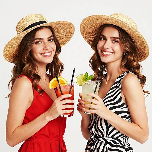Photograph of two smiling women with wavy brown hair, wearing straw hats, one in a red dress, the other in zebra print, cl