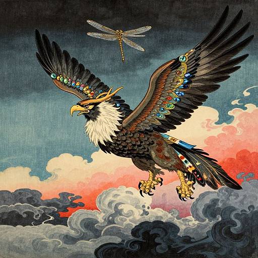 Digital painting of a majestic, black-feathered gryphon with blue and green beaded adornments, soaring above stormy waves, with a