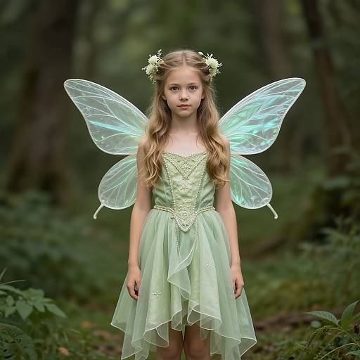 Photograph of a young girl with long blonde hair, wearing a green fairy dress and transparent wings, standing in a lush forest.