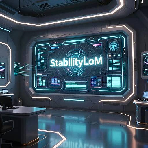 Photograph of a futuristic, neon-lit control room with a large digital screen displaying 