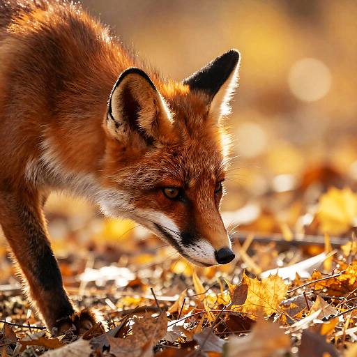 Photograph of a red fox with vivid orange fur, sharp black ears, and focused gaze, standing amidst glowing autumn leaves.