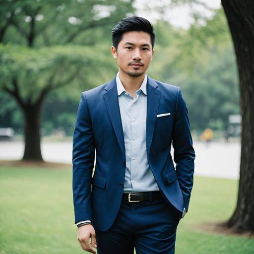 Asian Man in Blue Suit Outdoors