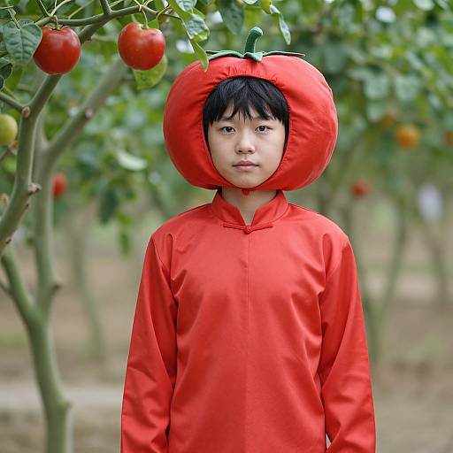 Photograph of an Asian boy with black hair, wearing a bright red pumpkin costume, standing in a tomato orchard with red and green tomatoes on branches