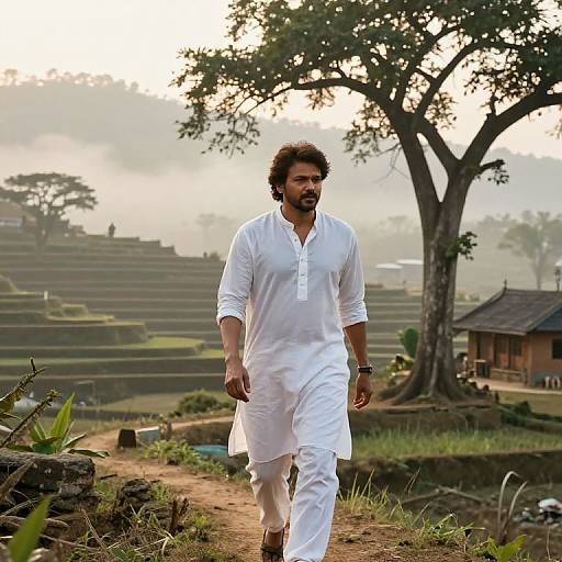 Photograph of a bearded man in white traditional Pakistani kurtah walking through lush, terraced rice fields with a large tree and rustic wooden hut
