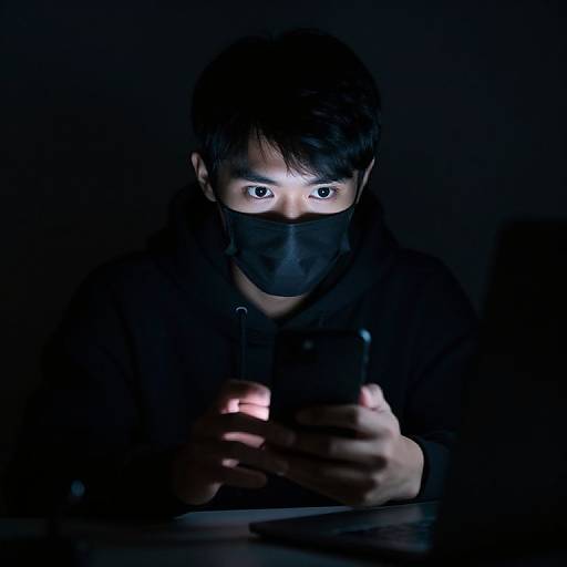Photograph of a young Asian man with short black hair, wearing a black mask and dark hoodie, intensely focused on a glowing smartphone in a dimly