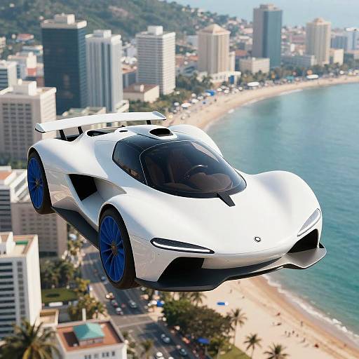 Futuristic White Flying Car Over City