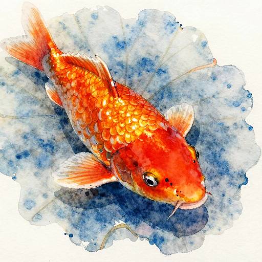 Watercolor painting of a vibrant red-orange koi fish with intricate scales, white-tipped fins, and black eyes, swimming in a blue and white