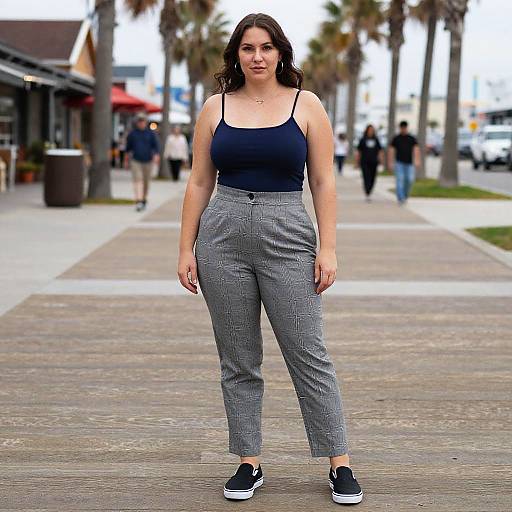 Photograph of a curvy woman with medium skin tone, dark wavy hair, wearing a black tank top and gray checkered pants, black sneakers