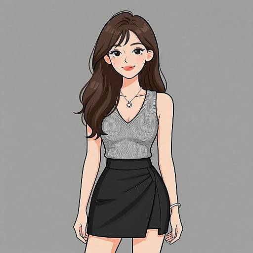 Digital anime-style drawing of a smiling woman with long brown hair, wearing a gray sleeveless top, black skirt, and necklace.