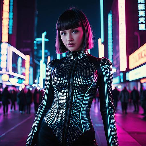 Young Woman in Futuristic Bodysuit with Micro Bangs