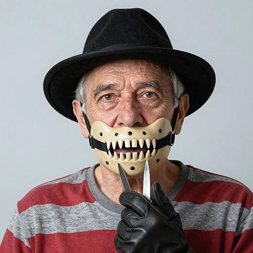 Elderly Man Wearing Freddy Krueger Mask and Gloves