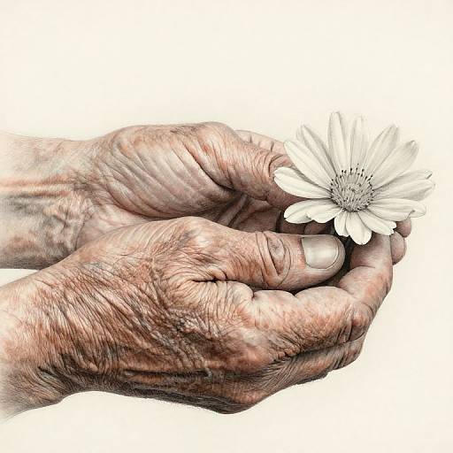 Photograph of wrinkled, weathered hands gently holding a white daisy with detailed petals and a gray center against a plain white background.
