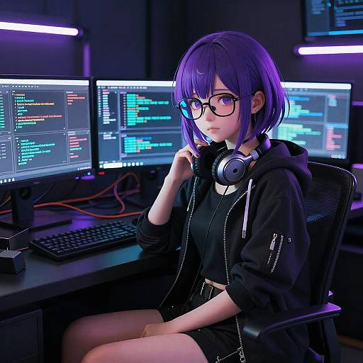 Digital anime-style drawing of a purple-haired girl with glasses, wearing a black hoodie and headphones, sitting at a glowing computer desk.