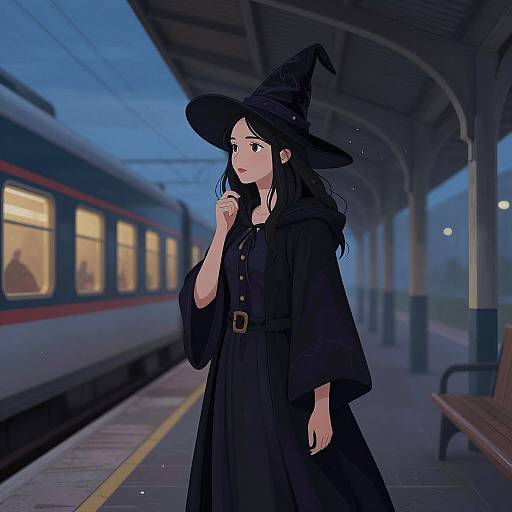 Mystical Young Witch at Train Station