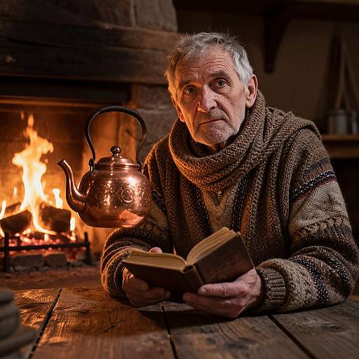 Elderly Slavic Man by Fireplace