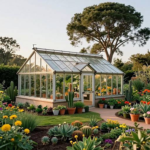 Photograph of a sunlit glass greenhouse surrounded by vibrant, colorful flower and succulent garden, with tall trees in the background.