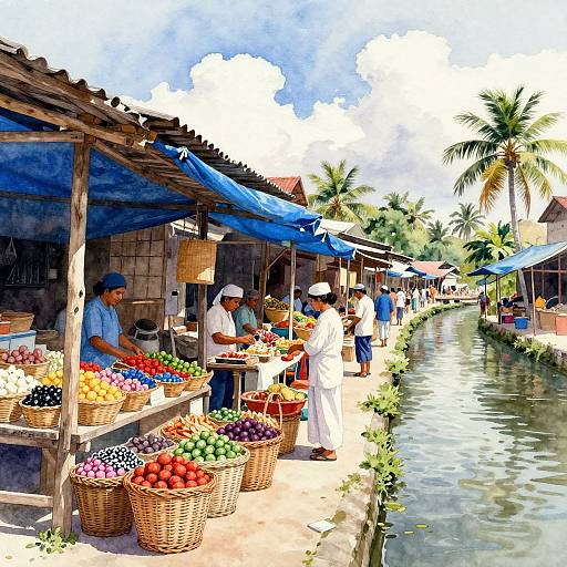 Vibrant photograph of a tropical market along a canal, with colorful baskets of fruits, vendors in white and blue attire, and palm trees under blue