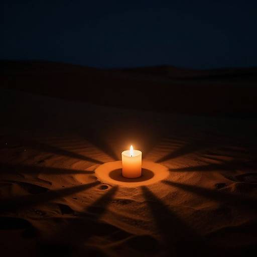 Photograph of a single lit candle with a glowing flame, centered in a circular holder, casting warm shadows on a dark, textured background.