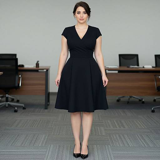 Photograph of a young woman with fair skin and dark hair in a black V-neck, short-sleeve, knee-length dress and black heels,