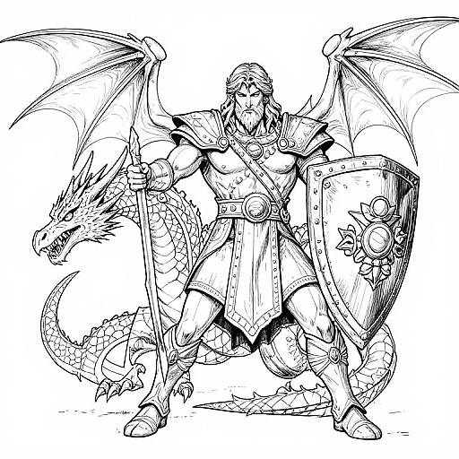 Detailed black-and-white digital drawing of a muscular, armored dragon-wielding warrior with wings, holding a shield, standing confidently. Dragon head rests on his