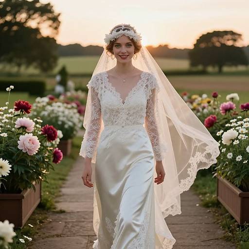 Photograph of a smiling bride in a white lace wedding dress and veil, walking down a flower-lined path at sunset.