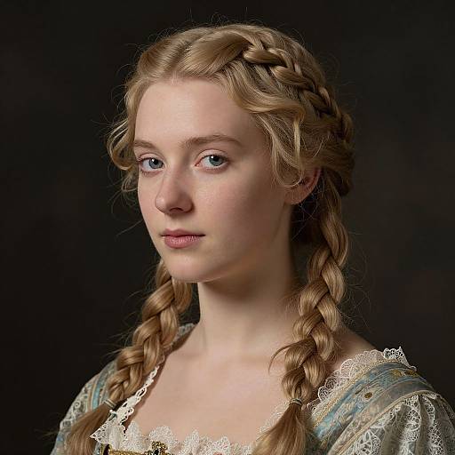 Photograph of a fair-skinned, blue-eyed young woman with braided blonde hair, wearing a lace-trimmed, patterned Renaissance-style dress