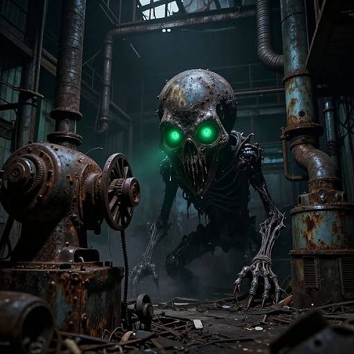 Digital artwork of a decrepit, skeletal robot with glowing green eyes, crouching in a dark, rusted industrial warehouse with pipes and machinery.