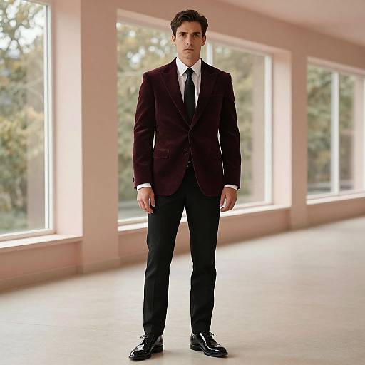 Photograph of a serious, fair-skinned man with dark hair, wearing a black suit, white shirt, and black tie, standing in a bright