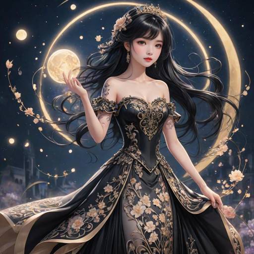 Elegant Woman in Black Floral Gown Under Moonlight