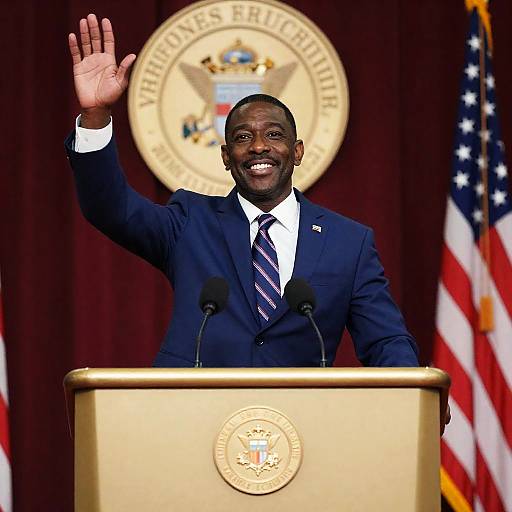 Confident Speaker Behind Gold Podium
