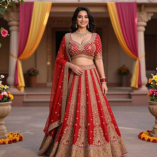 Photograph of a smiling Indian woman in a red and gold traditional lehenga with intricate embroidery, standing in a decorated outdoor courtyard with pink and yellow dr