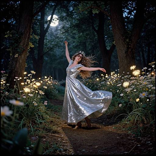Photograph of a woman in a shimmering silver dress, dancing in a moonlit forest, surrounded by glowing fireflies and white flowers.