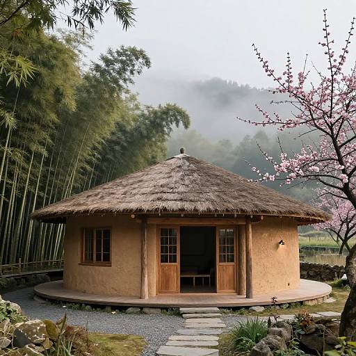 Photograph of a rustic, round, thatched-roof cottage with wooden doors, surrounded by bamboo trees, pink cherry blossoms, and misty