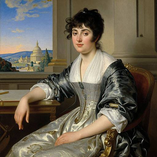 Photograph-style digital painting of a pale-skinned, dark-haired woman in a silver and white satin gown, seated in a room with a window view