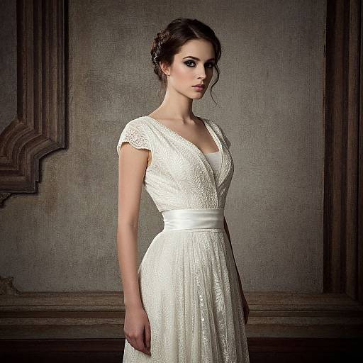 Photograph of a beautiful, fair-skinned woman with dark hair in an elegant, white lace wedding dress with a deep V-neck, standing against a